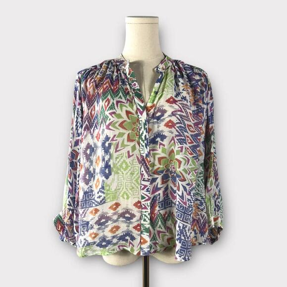 Maeve Brynna Ikat Boho Printed Dolman Sleeve Button Down Top - Picture 2 of 6